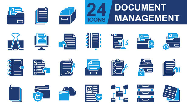 Document Management Icons set vector illustration. Containing File Folder, Archive, Digital File, Paper Sheet, Binder and more. Simple solid icons collection.