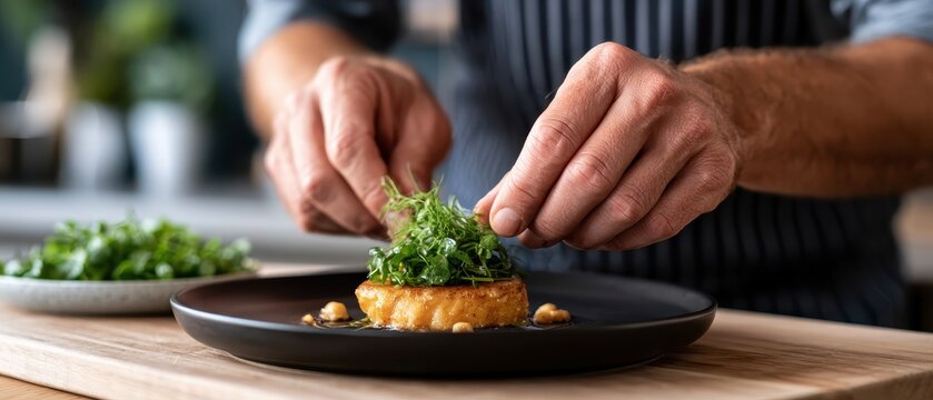 Chef carefully plating a gourmet dish in a professional kitchen environment, culinary expertise, restaurant service, fine dining preparation.