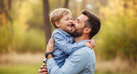 Fototapeta premium Father and son sharing a loving kiss and embrace in a park setting, capturing a moment of pure joy and strong family connection