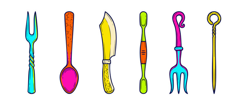 Colorful fantasy cutlery vector set of whimsical cartoon silverware icons including fork spoon and knife, vibrant isolated kitchen utensils clip art for playful food menu design and culinary branding
