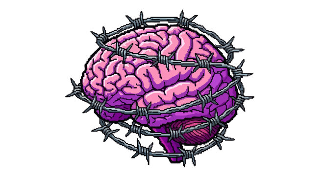 Brain trapped in barbed wire symbolizing mental confinement.