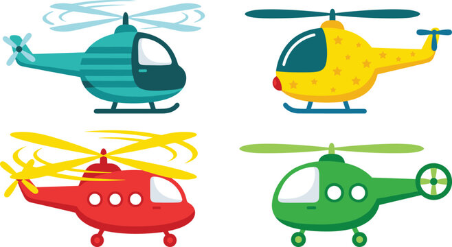 Cute colorful cartoon helicopter vector illustration set featuring blue yellow red and green toy choppers with spinning rotor blades on white