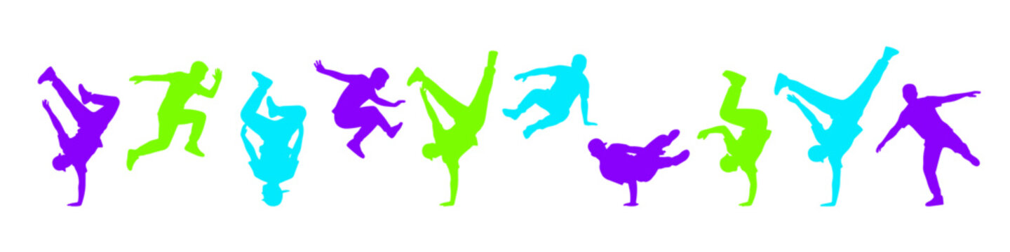 Silhouettes of breakdance and street dancers in dynamic poses. Hip hop culture celebration. Usable as posters, clothing, t-shirt prints. Vector illustration