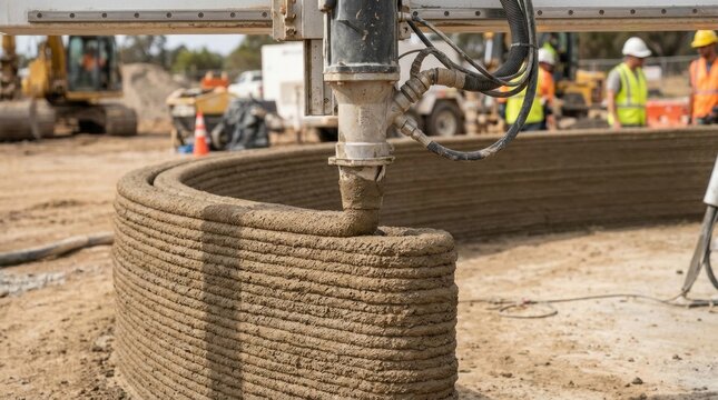 3D Printed Home Construction: A robotic arm extrudes concrete to build a curved wall for a new house, showcasing the future of automated construction technology at a building site.