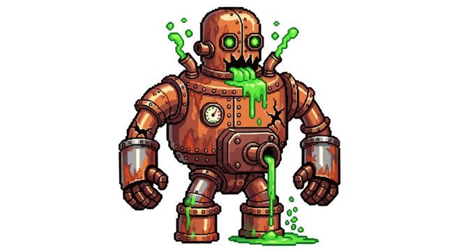 Creepy Rusty Robot Vomiting Green Slime.