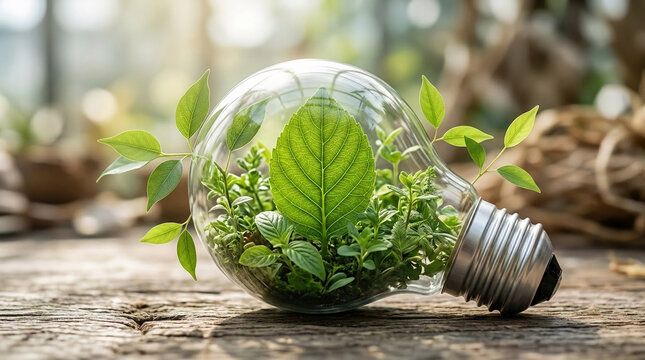 A lightbulb containing lush green plants symbolizes sustainability and new growth, representing eco-friendly innovation and environmental awareness
