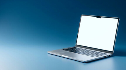 Fototapeta premium Modern silver laptop on a clean blue background, showcasing a blank screen for design, representing technology and digital content creation, with free space for text