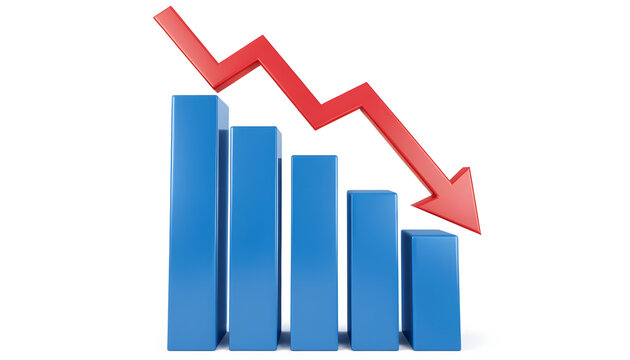 3d render of a blue bar chart with a red downward trend arrow, representing financial decline, business loss, or economic recession, isolated on white background