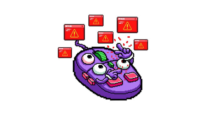 Cartoonish Purple Game Controller with Warning Signs.