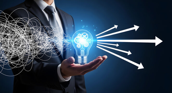 Man in suit holding glowing lightbulb with gears and outgoing arrows hand