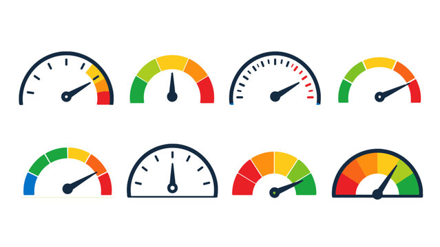 Set of colorful semicircle gauge meter icons on white