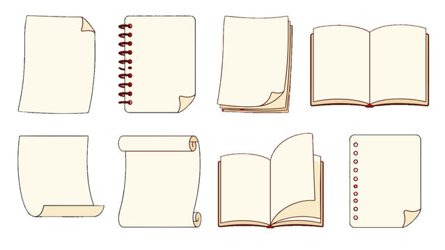 Set of blank paper sheets notebooks books and scrolls