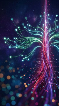 Abstract digital tree with glowing nodes and binary code, symbolizing data flow and global connectivity in a cosmic background