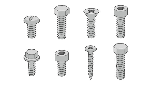 Set of assorted screw and bolt types in simple vector style