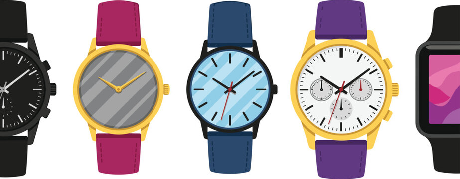 Elegant wrist watch vector illustration set featuring various classic analog timepieces chronographs and modern smartwatches with colorful leather straps