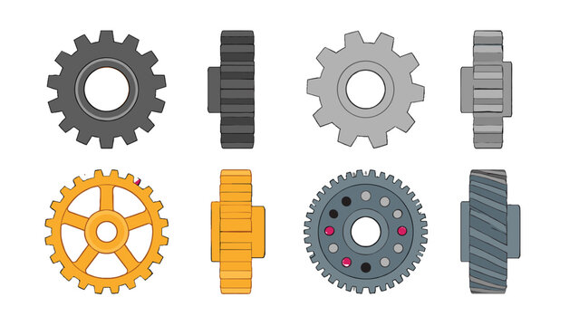 Set of mechanical gears and cogs in front and side views