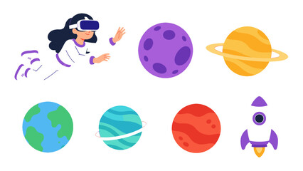 Astronaut girl with planets and rocket in flat vector style © Andrei