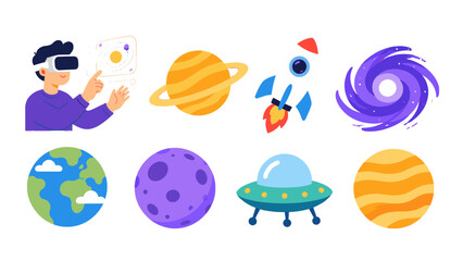 Space themed cartoon vector set with planets, rocket and UFO © Andrei
