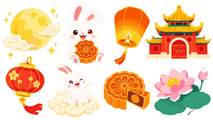 Mid Autumn Festival icons with rabbits moon lantern and mooncake © Andrei