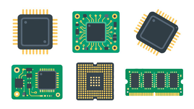 Set of computer chips and circuit board components in flat style