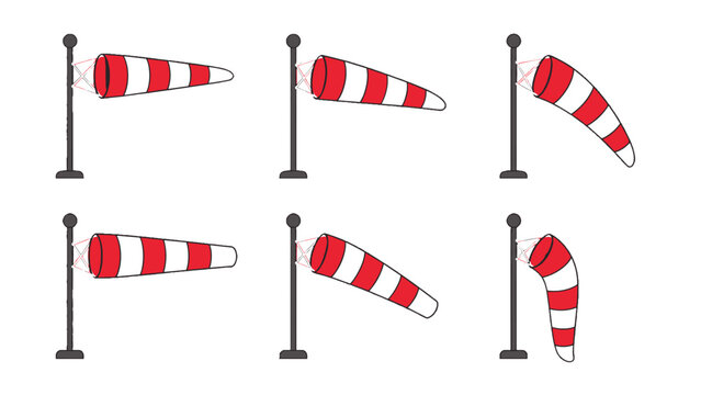 Set of red and white windsocks in different wind positions