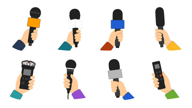 Hands holding microphones and audio recorders set