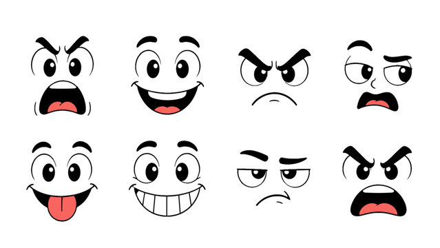 Set of cartoon facial expressions with happy and angry faces