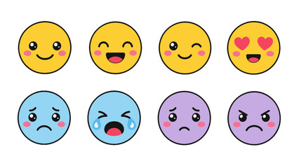 Fototapeta premium Cute emoji faces set with happy, sad, crying and angry expressions