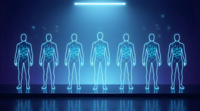 Digital human silhouettes with glowing data pixel patterns on a dark blue background
