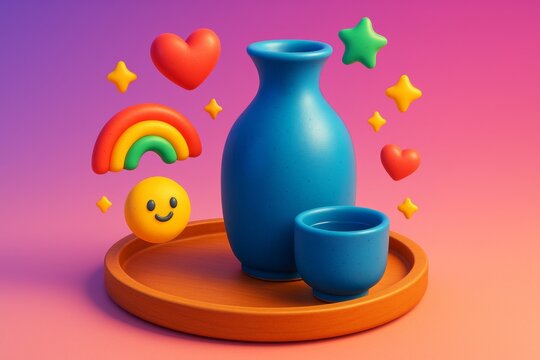 Colorful cute ceramic vase and cup on wooden tray with floating emoji-like icons including heart, rainbow, star, and smiley face concept. Ai generative