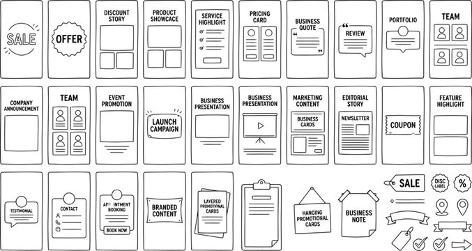 hand drawn mobile app and business interface template collection with dashboard screens forms labels cards coupons navigation elements and wireframe layouts