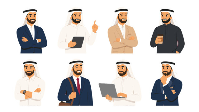 Set of men in traditional Middle Eastern clothing poses