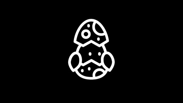 Cute dinosaur hatching from a speckled egg, simple white outline icon on black background