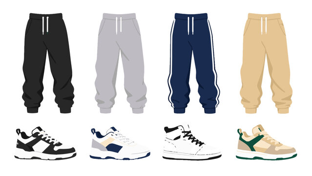 Vector set of jogger pants and sneakers in four colorways