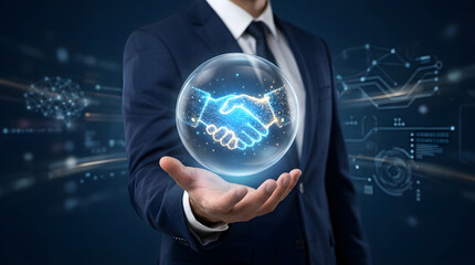 Fototapeta premium A businessman in a suit holding a floating crystal sphere containing a glowing digital handshake icon