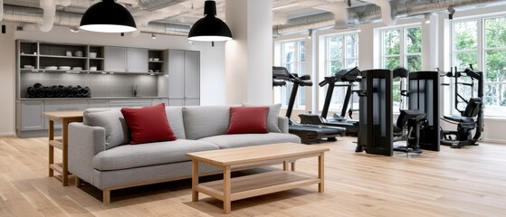 Fototapeta premium Spacious exercise studio with wooden flooring and modern interior, fitness lifestyle, wellness training, healthy environment, active living.
