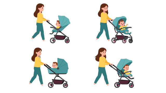 Woman pushing baby strollers in different flat vector styles