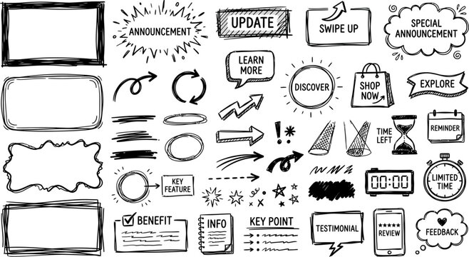 hand drawn business annotation and marketing element collection with sketch frames labels arrows highlights callouts badges doodles and vector graphics set