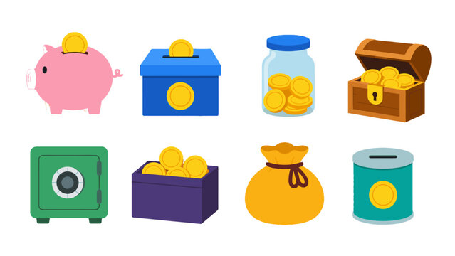 Set of savings and money storage icons in flat vector style