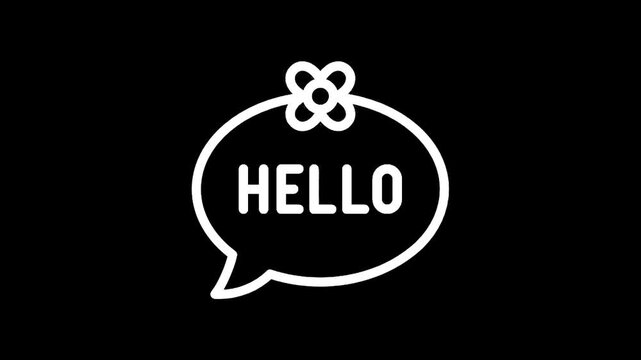Simple white hello speech bubble icon with a flower accent on a black background