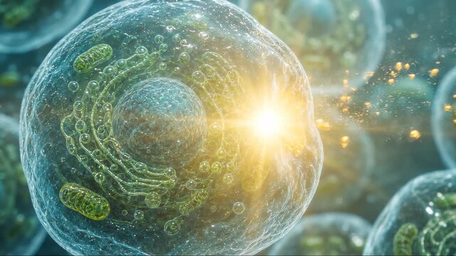 Microscopic View of Human Cell Structure with Nucleus and Mitochondria