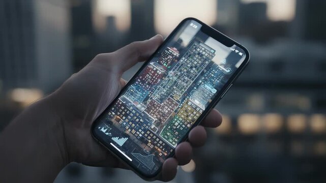 Close medium shot of a smartphone showing detailed tiny investment shares in urban condos highlighting interactive app features with surrounding elements out of focus.