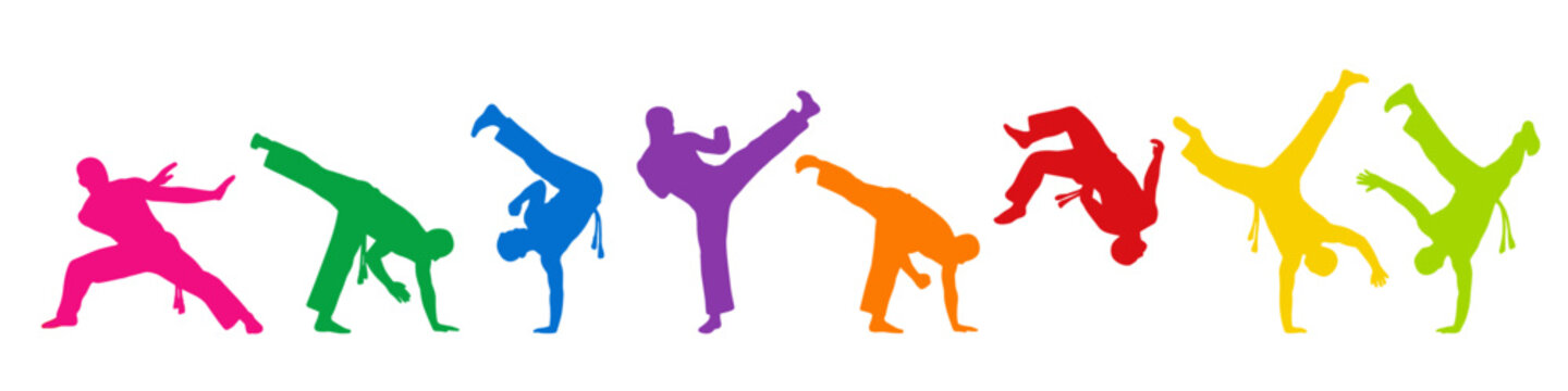 Dynamic capoeira martial arts silhouettes in action. Sportive young men and women performing kicks and dance exercises. Vector illustration isolated on white background for sports graphics
