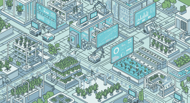 Isometric Smart City Illustration Featuring Automated Agriculture and Technology.