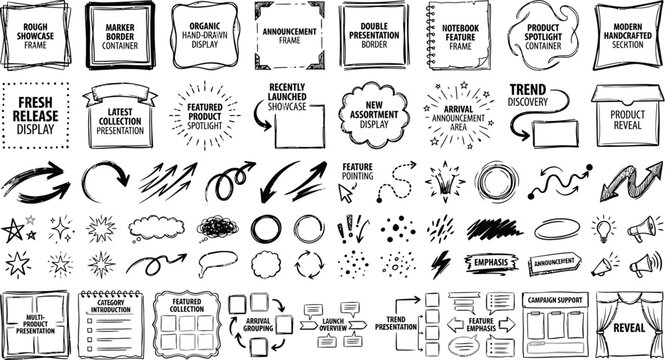 hand drawn business labels badges and annotation collection with sketch frames borders arrows highlights callouts stickers decorative vector design elements