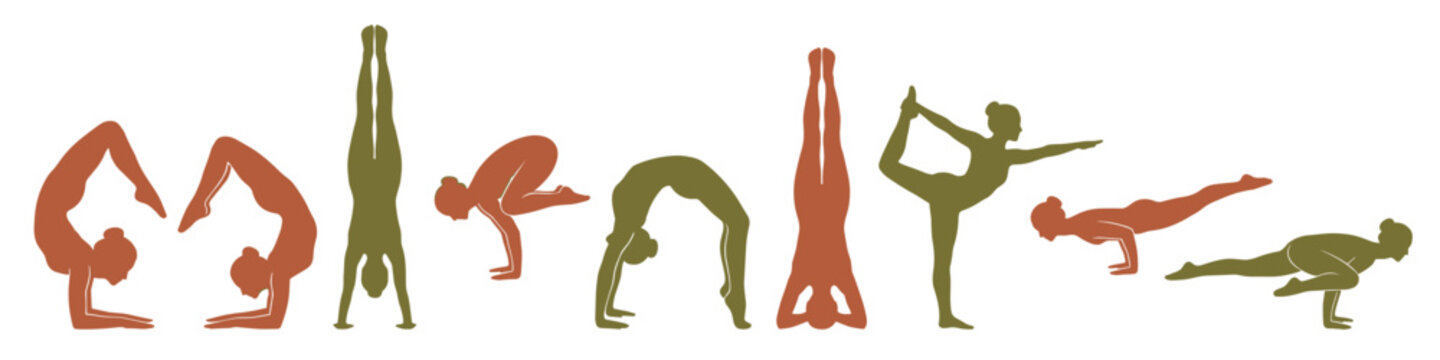Advanced yoga and contortion silhouettes in flexible poses. Slim sportive young woman doing pilates and stretching exercises. Vector design isolated on white background for healthy lifestyle