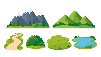 Obraz premium Cartoon landscape elements set with mountains, path, bush and pond