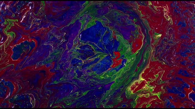 Swirling abstract pattern of vibrant colors resembling a fluid or cosmic nebula with deep blues, greens, and reds in motion.