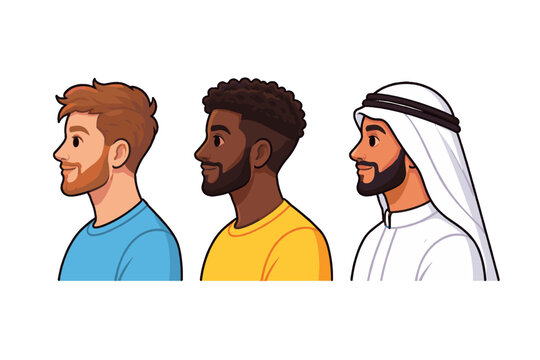 Side profile vector portraits of three diverse bearded men