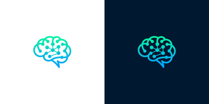Smart brain technology logo design with chat bubble icon, representing digital mind and artificial intelligence vector